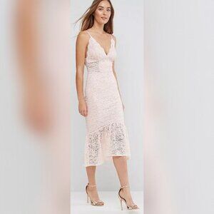 Light Pink Blush Lace V-Neck Cami Pephem Midi Dress w/ Flounce Hem